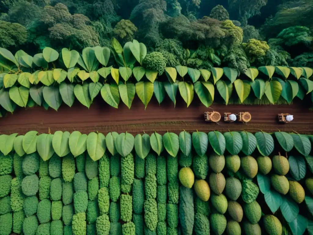 Plantación de cacao en la Amazonía peruana, con árboles frondosos y coloridos frutos