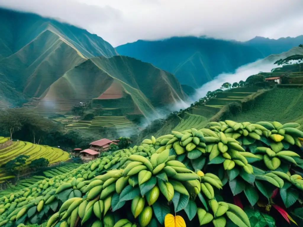 Plantación de cacao en Perú con cosecha tradicional y montañas neblinosas