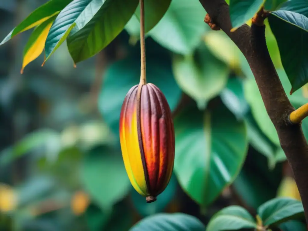 Un cacao maduro en una plantación peruana muestra sus colores vibrantes y textura