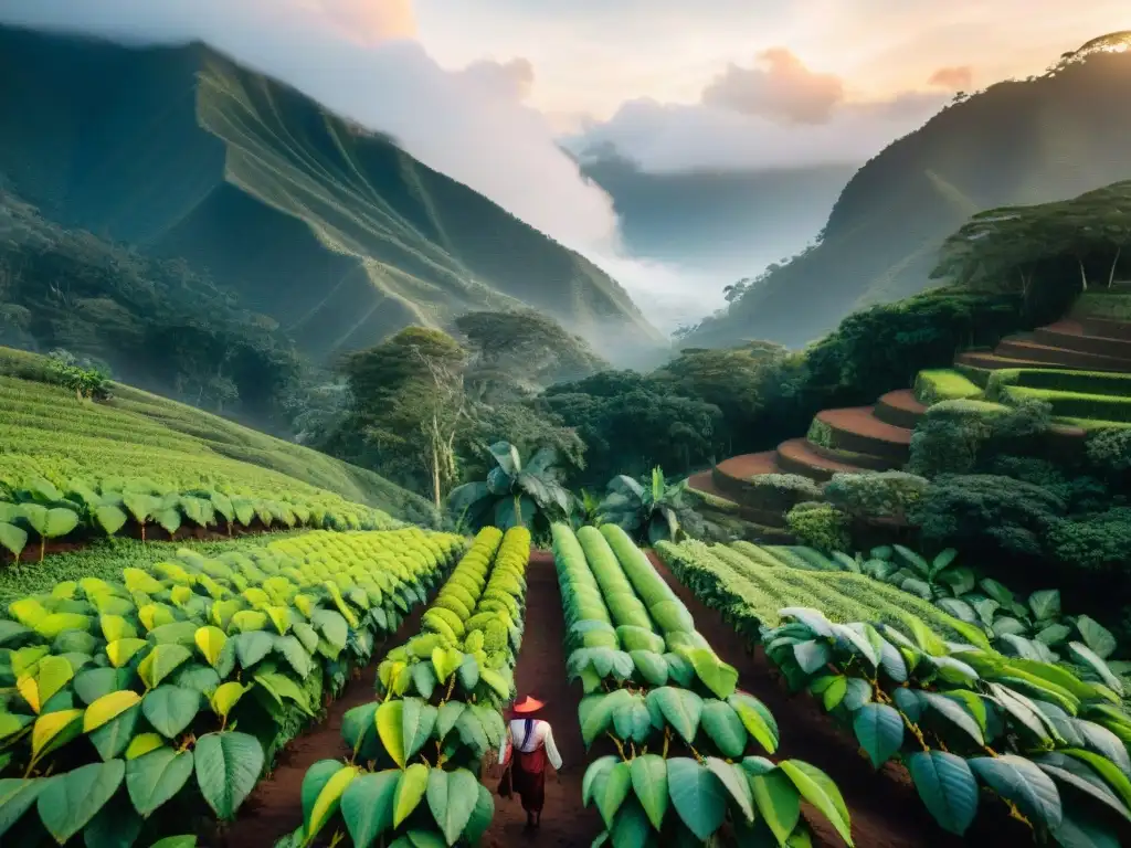 Plantación de cacao peruano al amanecer, con árboles cargados de vainas coloridas y agricultores locales recolectando frutas