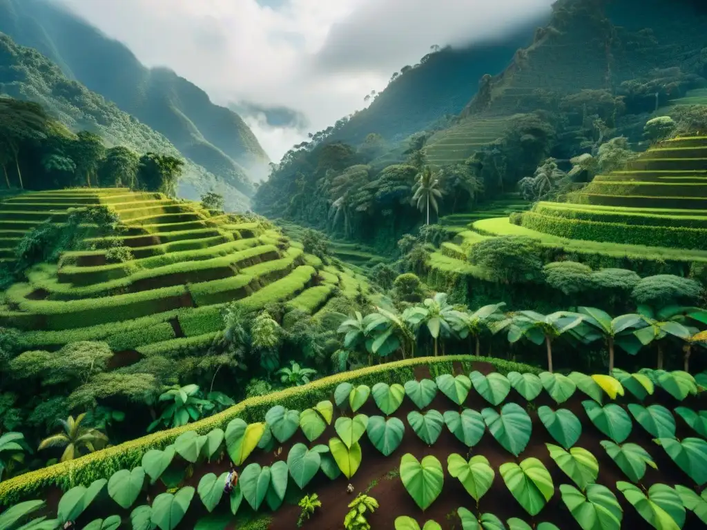 Plantación de cacao peruano autóctono en la exuberante selva, con árboles y agricultores indígenas