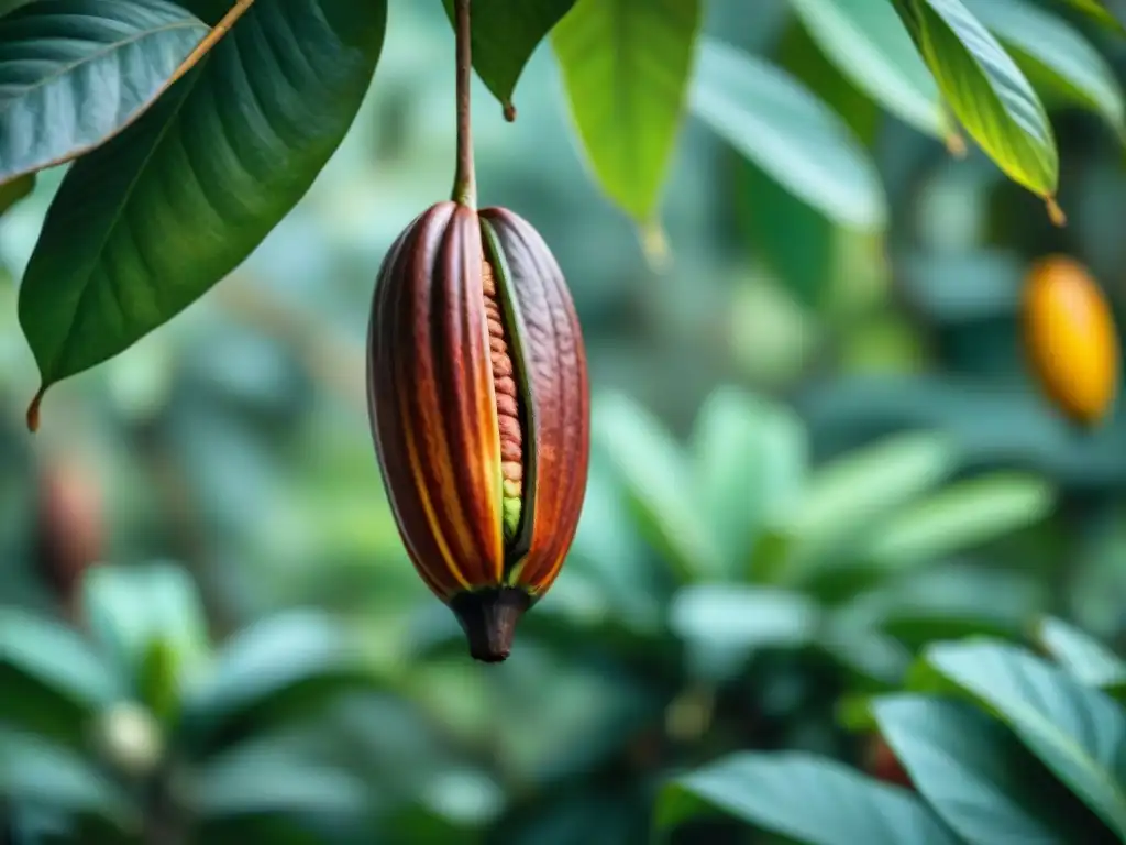 Cacao peruano en plantación: detallada vaina en árbol con vibrantes tonos verdes y marrones