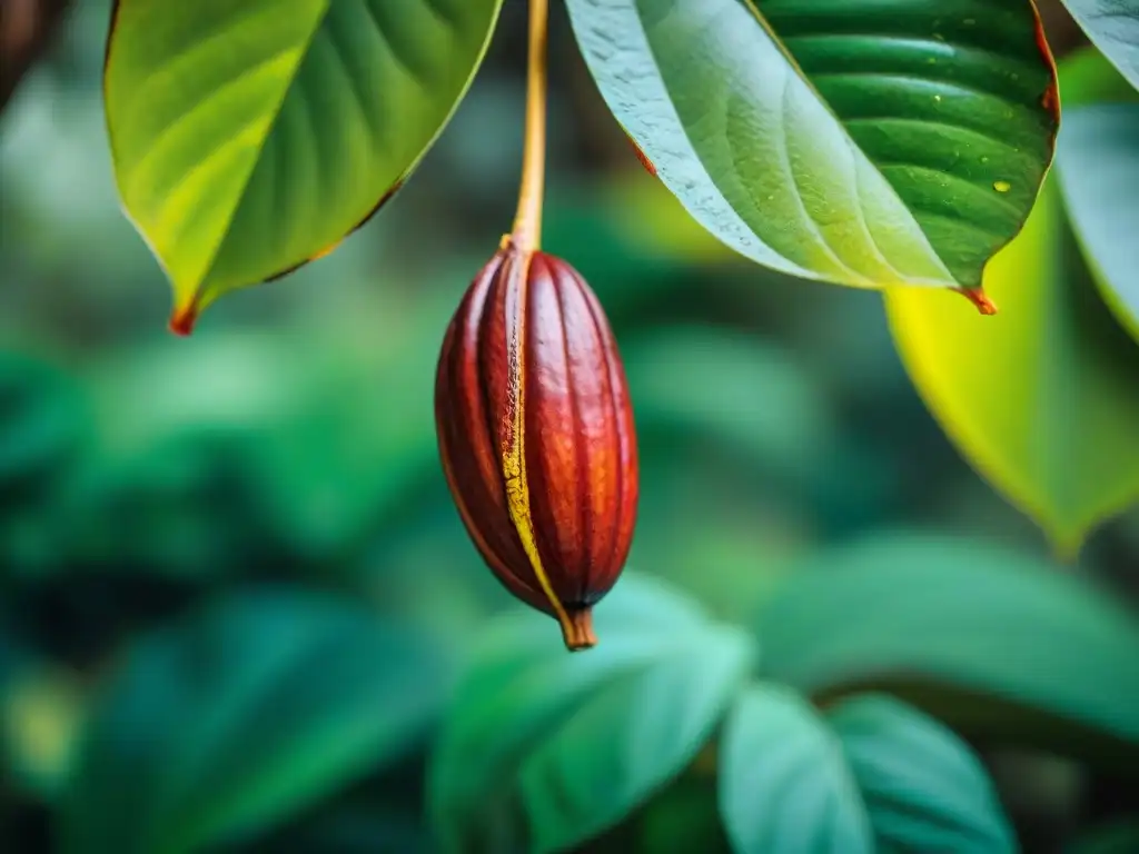 Cacao peruano: pod en la selva amazónica, hojas verdes vibrantes y texturas, agua de lluvia brillante