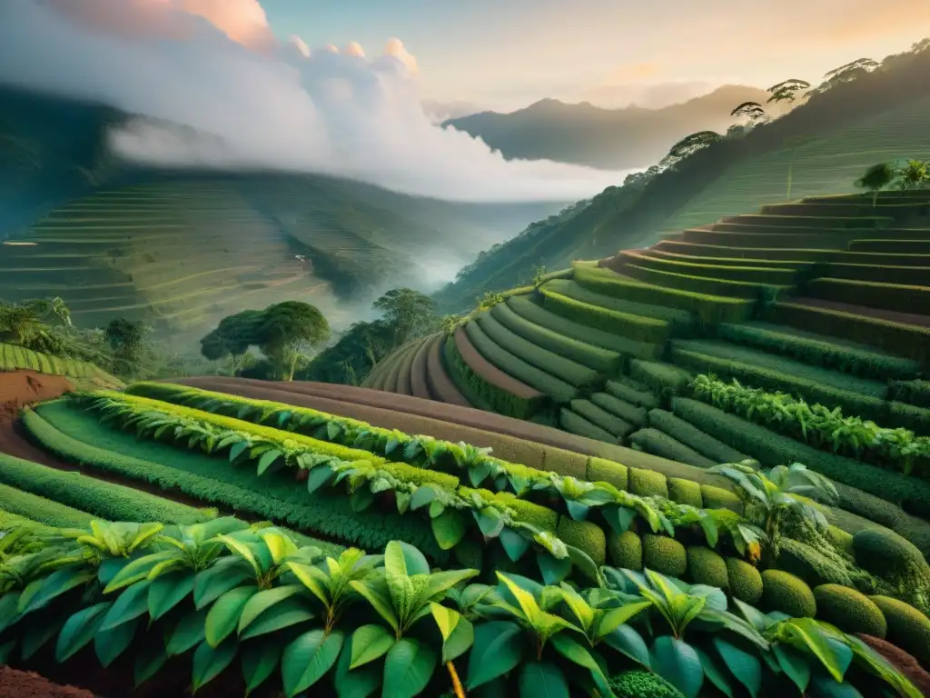 Plantación de cacao peruano al amanecer en la selva amazónica, agricultores cuidando los árboles