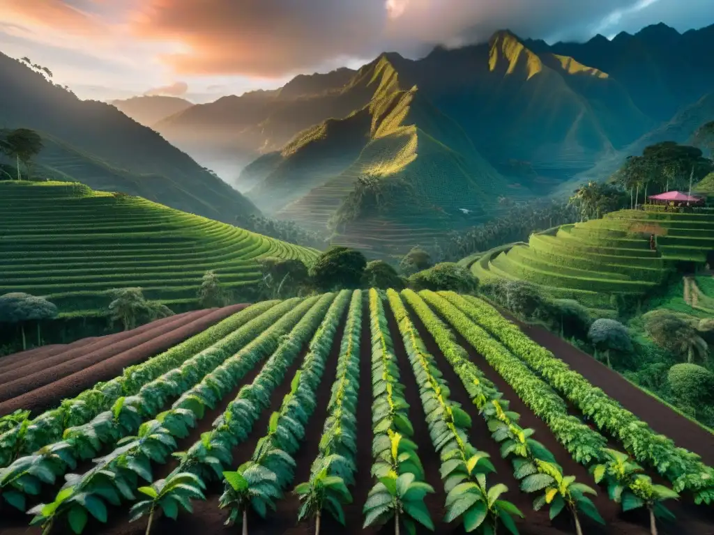 Plantación de cacao peruano sostenible al amanecer, mostrando árboles cargados de coloridos frutos