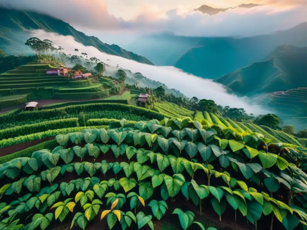 Plantación de cacao peruano al amanecer en los Andes, con agricultura sostenible