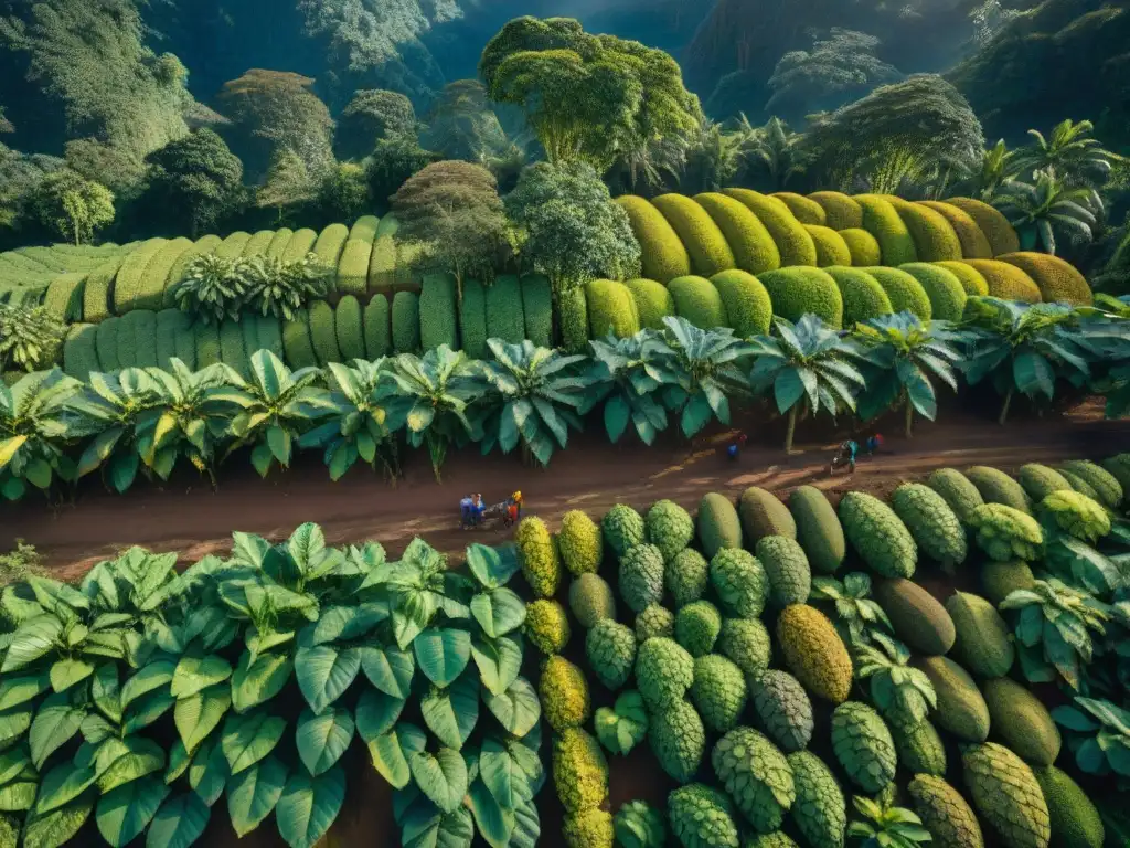 Plantación de cacao en la selva peruana, árboles frondosos y agricultores locales