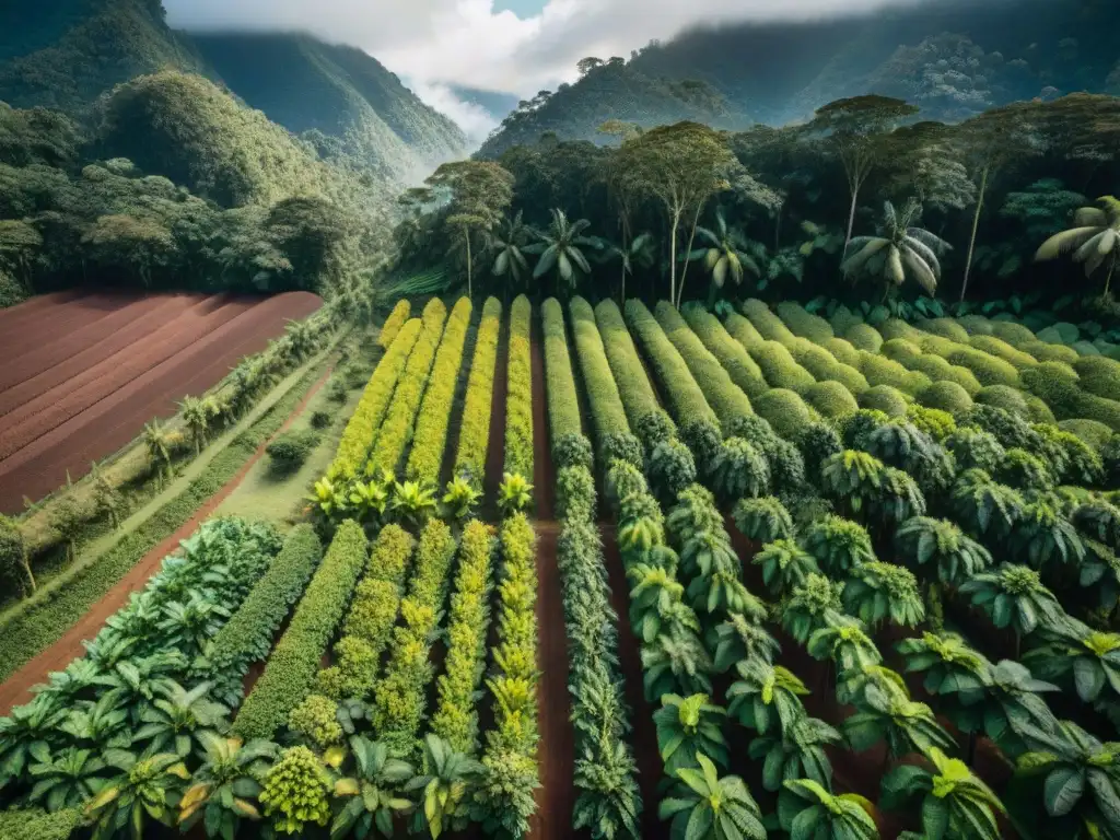 Plantación de cacao vibrante en el Amazonas peruano con trabajadores cuidando los árboles de cacao