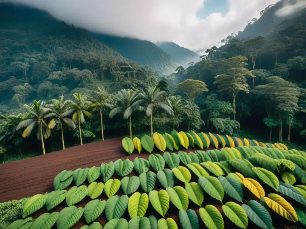 Plantación de cacao vibrante en la Amazonía peruana, recolección autóctona