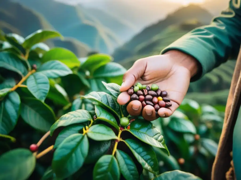 Un café peruano: de la plantación, un cafeto al amanecer con un grano brillante y un granjero trabajando en la selva