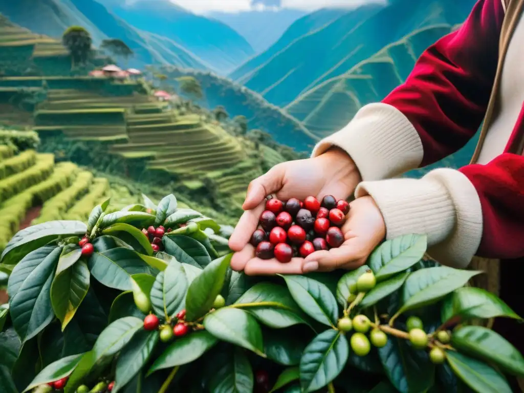 Plantación de café peruano: escena mágica en los Andes con recolección manual de cerezas rojas