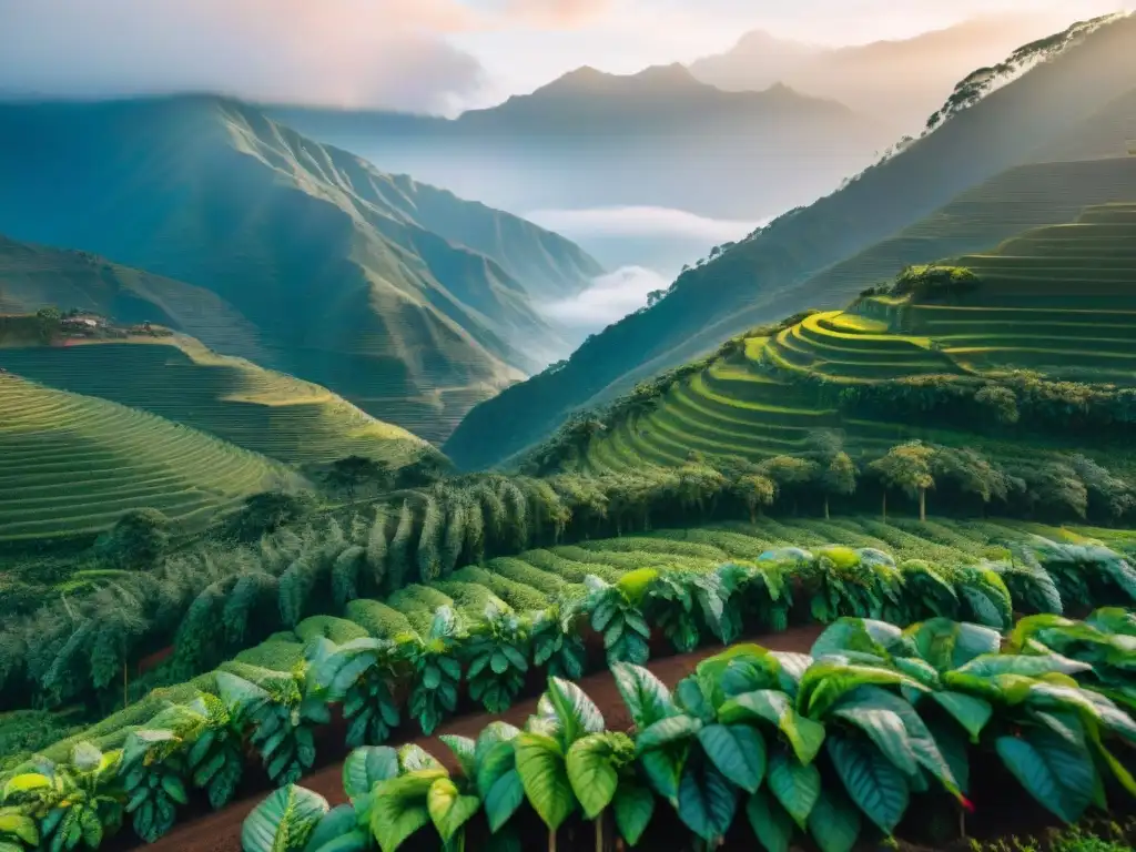 Transformación café Perú sostenible: Plantación de café peruano al amanecer con montañas neblinosas al fondo