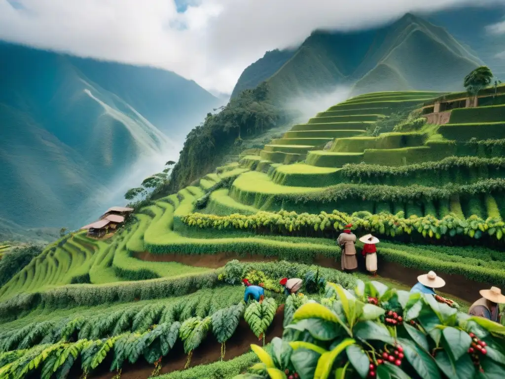 Café peruano tradición sabor Andes: Campesinos cosechan café entre montañas verdes y neblina matutina