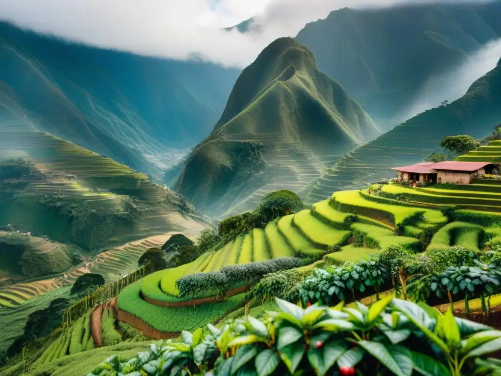 Café peruano tradicional autóctono: Escena detallada de una finca cafetera en los Andes con agricultores indígenas recolectando cerezas de café