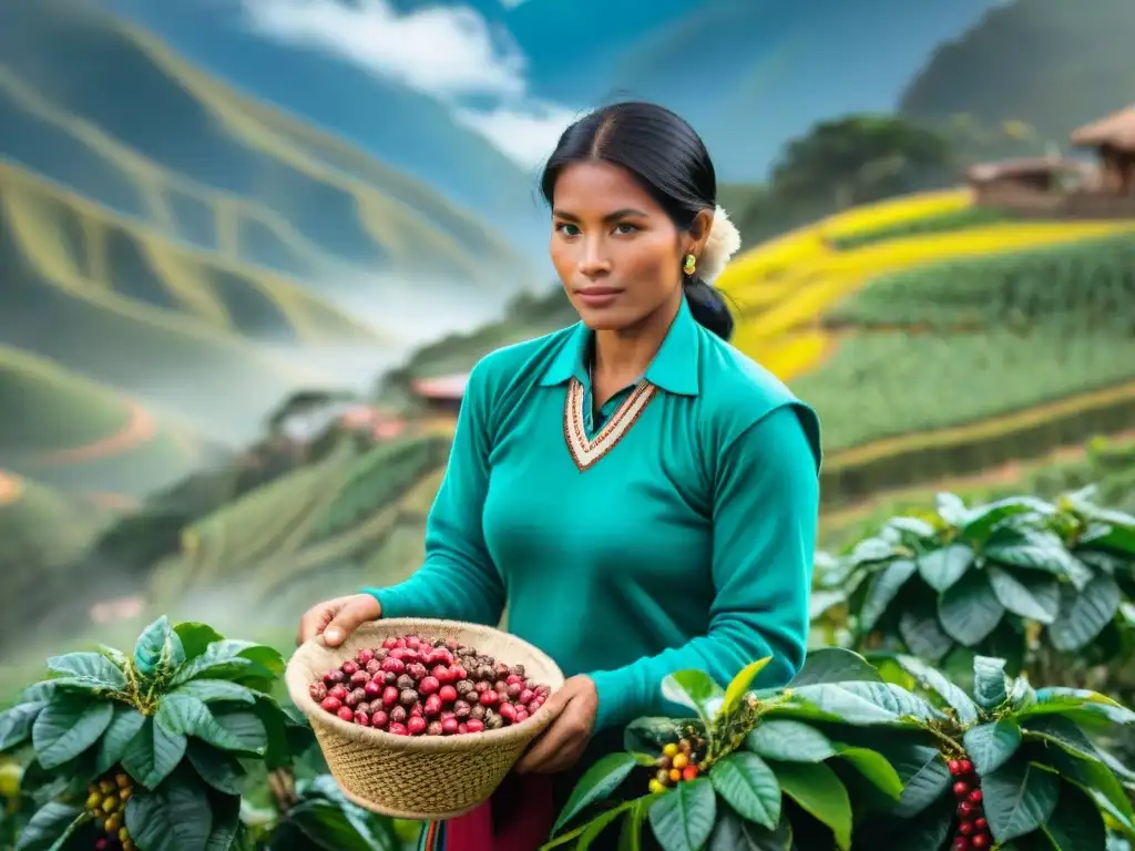 Plantación de café peruano tradicional autóctono al amanecer en los Andes, con agricultores locales recolectando cerezas de café a mano