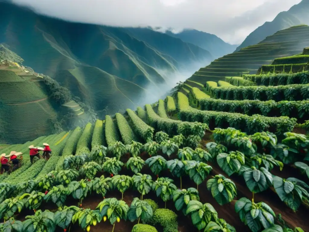 Plantación de café peruano en los Andes: recolección tradicional entre montañas