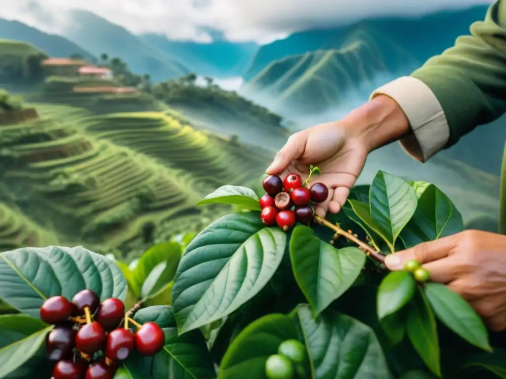 Un caficultor en Perú seleccionando con cuidado los mejores granos de café peruano en una plantación soleada y exuberante