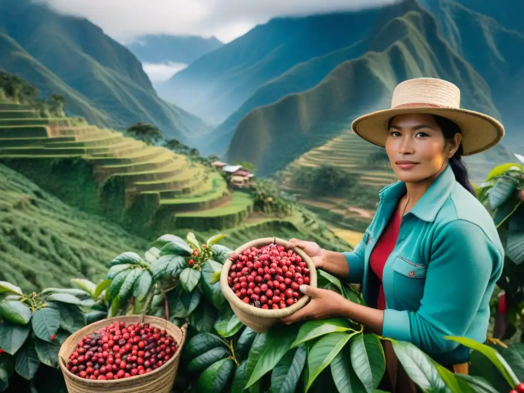 Un caficultor peruano selecciona con cuidado cerezas de café, rodeado de montañas neblinosas al amanecer