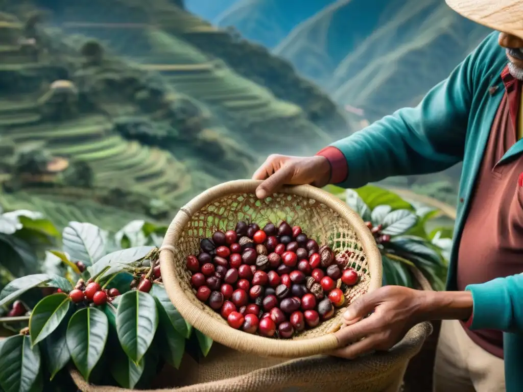 Un caficultor peruano selecciona con dedicación cerezas de café maduras bajo el dosel verde, destacando la preparación artesanal de café peruano