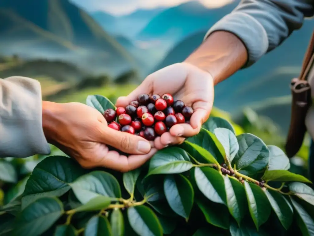 Un caficultor peruano seleccionando los mejores granos de café en los Andes al amanecer