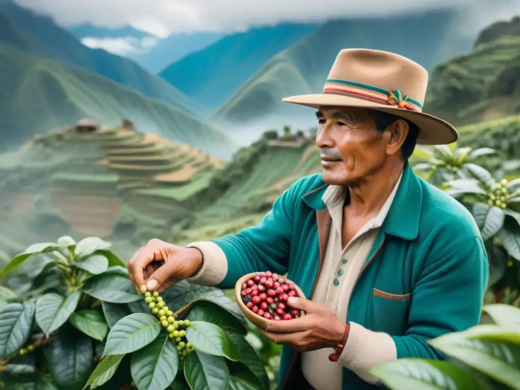 Un caficultor peruano en las montañas, inspeccionando cerezas de café