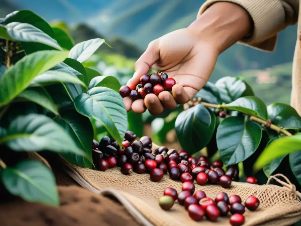 Un caficultor en Perú utilizando tecnología innovadora para cosechar granos de café con cuidado entre las montañas peruanas