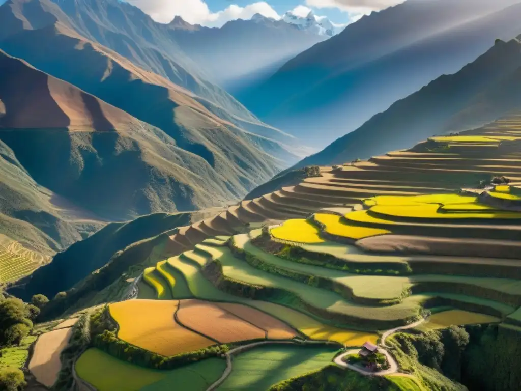 La cálida luz del atardecer ilumina los vibrantes campos de quinua en los Andes