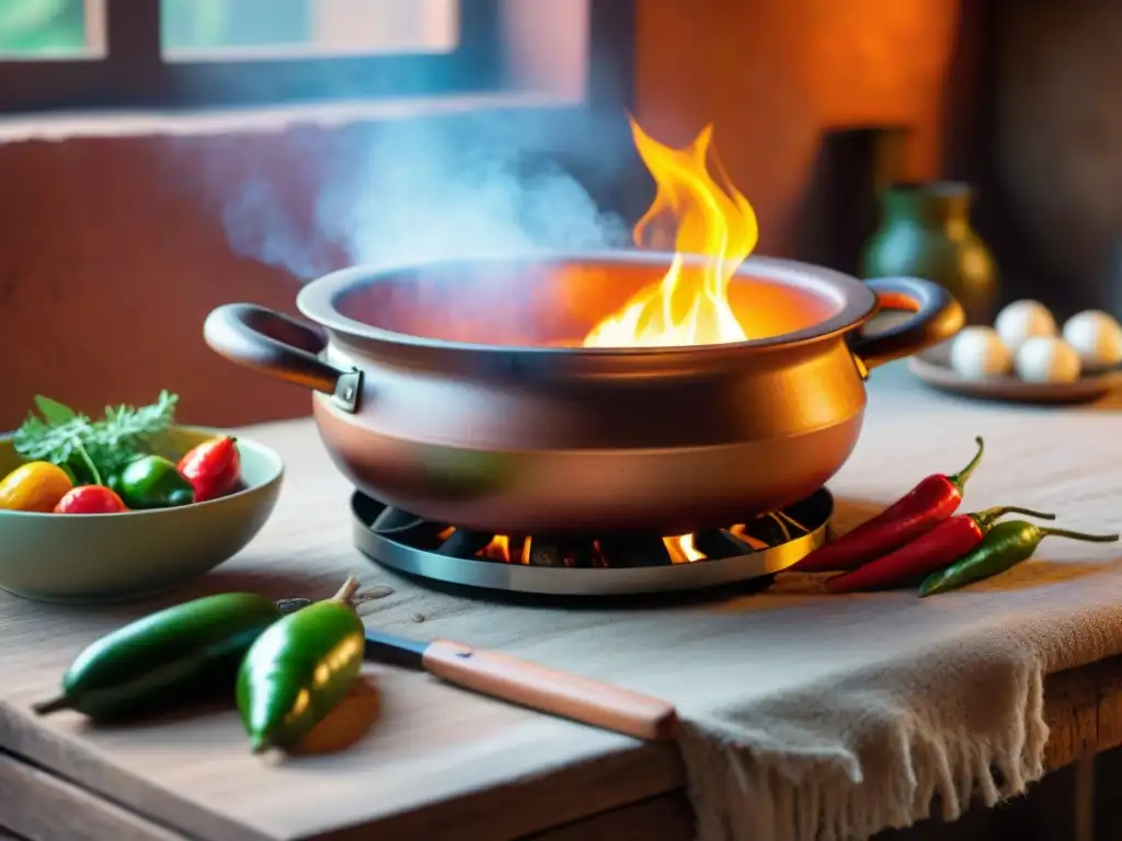 Un cálido fogón de una cocina peruana tradicional, resaltando un jarro de barro y ingredientes autóctonos