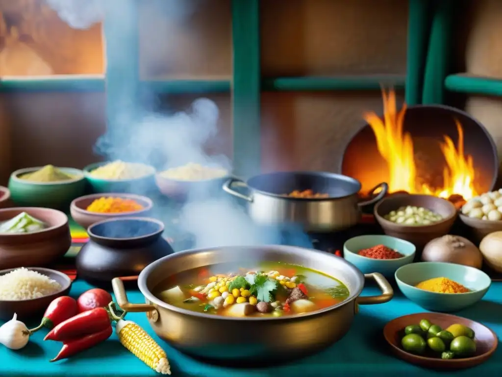 Un cálido hogar peruano, con ingredientes coloridos y un chef preparando Sopas y caldos peruanos tradicionales