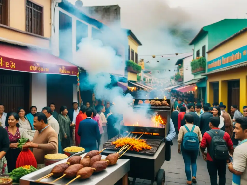 Una calle bulliciosa en Lima durante el festival del Anticucho: sabores autóctonos, tradiciones vibrantes y comunidad festiva