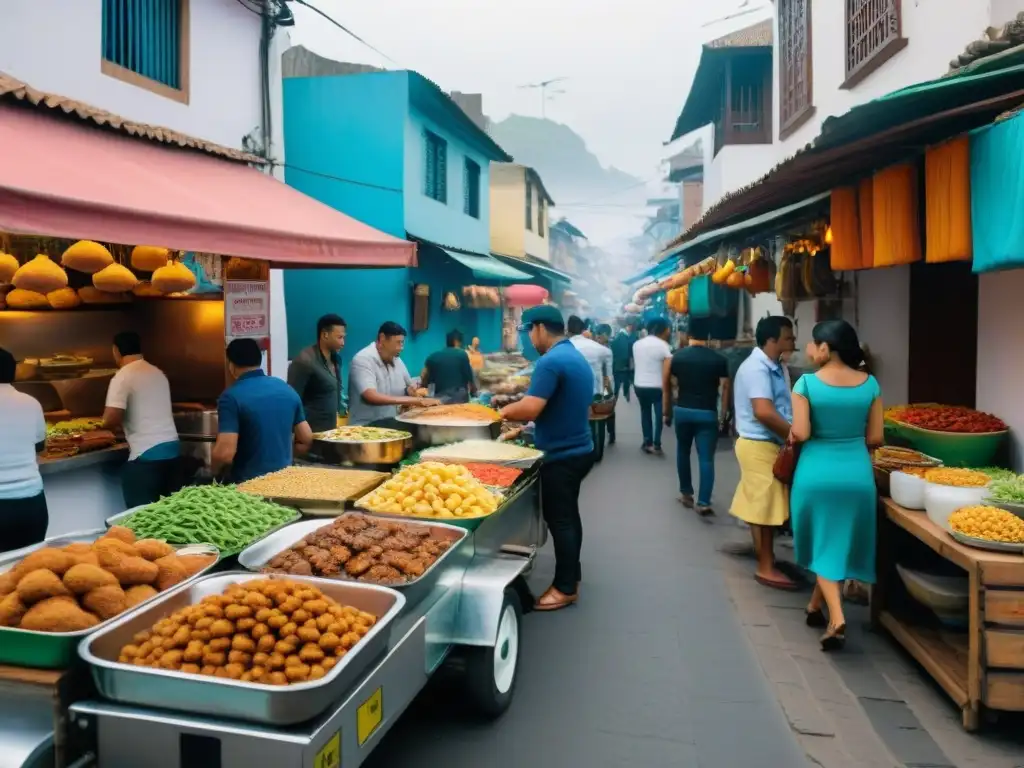 Una calle bulliciosa en Lima, Perú, llena de coloridos puestos de comida vendiendo delicias como anticuchos, ceviche y picarones