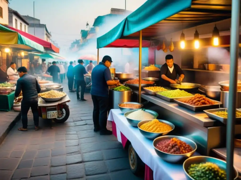 Una calle bulliciosa de Lima, Perú, llena de puestos de comida callejera peruana tradicional como anticuchos, ceviche y picarones