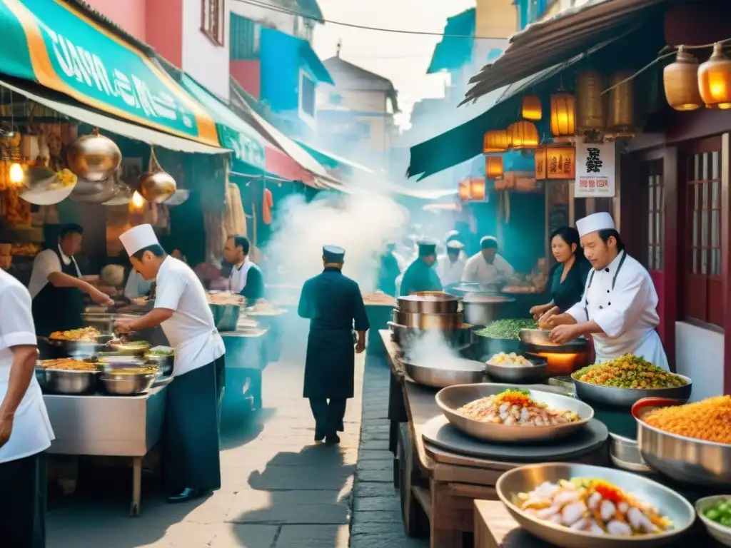 Una calle bulliciosa en Lima, Perú, llena de puestos de comida vendiendo platillos de cocina nikkei