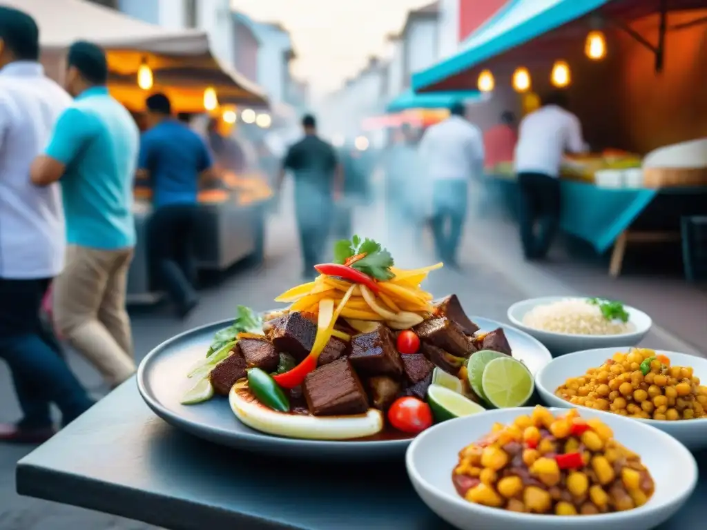 Una calle bulliciosa en Lima, Perú, llena de puestos de comida vendiendo cocina callejera peruana con ingredientes autóctonos