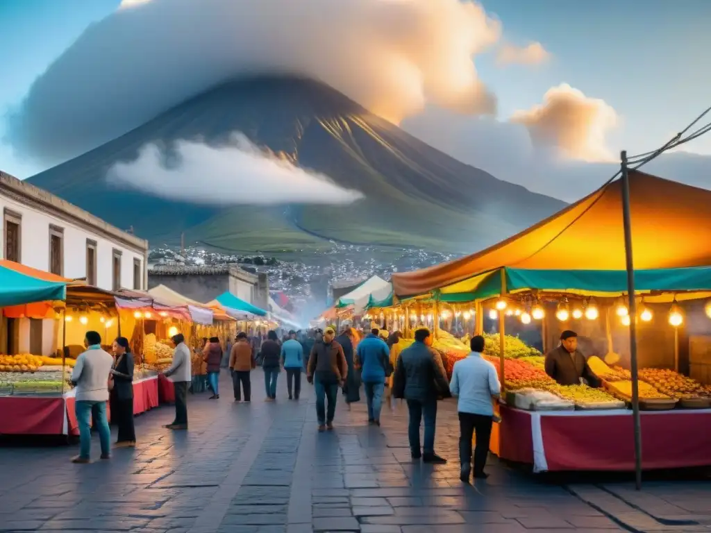 Una calle bulliciosa en Arequipa con puestos de comida ofreciendo gastronomía tradicional peruana