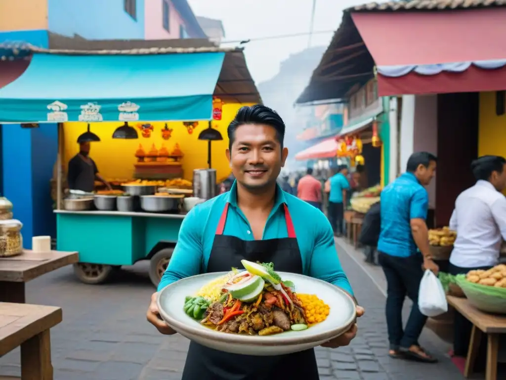 Una calle vibrante y bulliciosa en Lima, Perú, llena de puestos de comida variada mostrando platos tradicionales y creaciones modernas