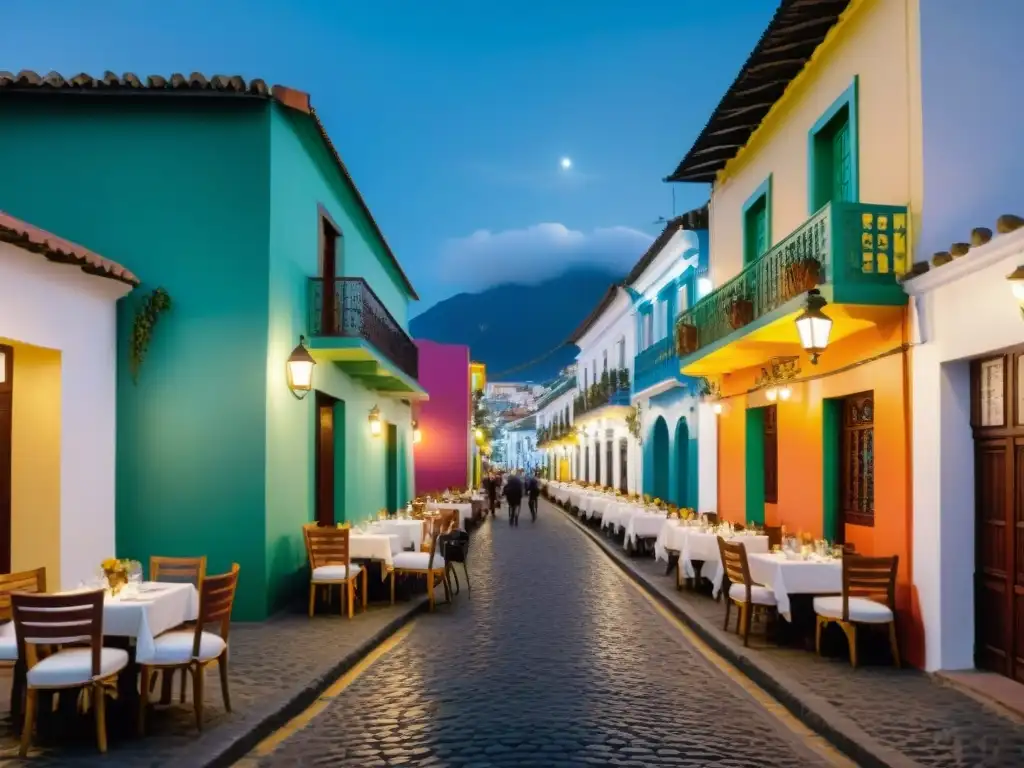 Un callejón histórico iluminado por faroles, restaurantes coloniales y comensales bajo el cielo estrellado de Barranco, Perú