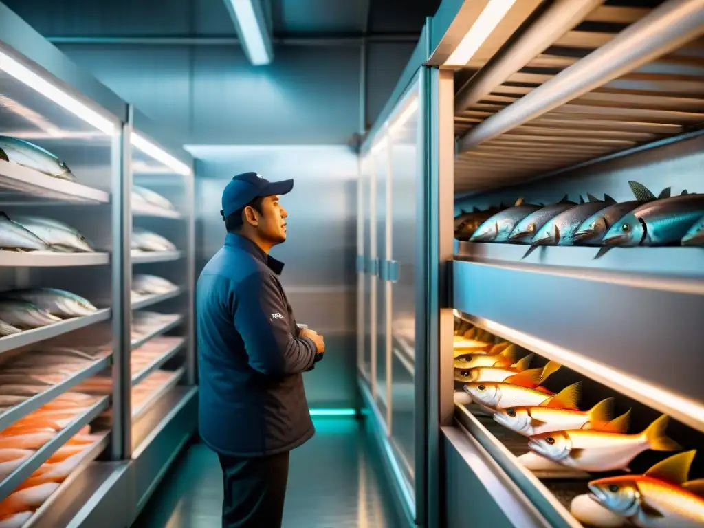 Una cámara de refrigeración de vanguardia llena de pescado peruano fresco, resplandeciendo en la luz fría