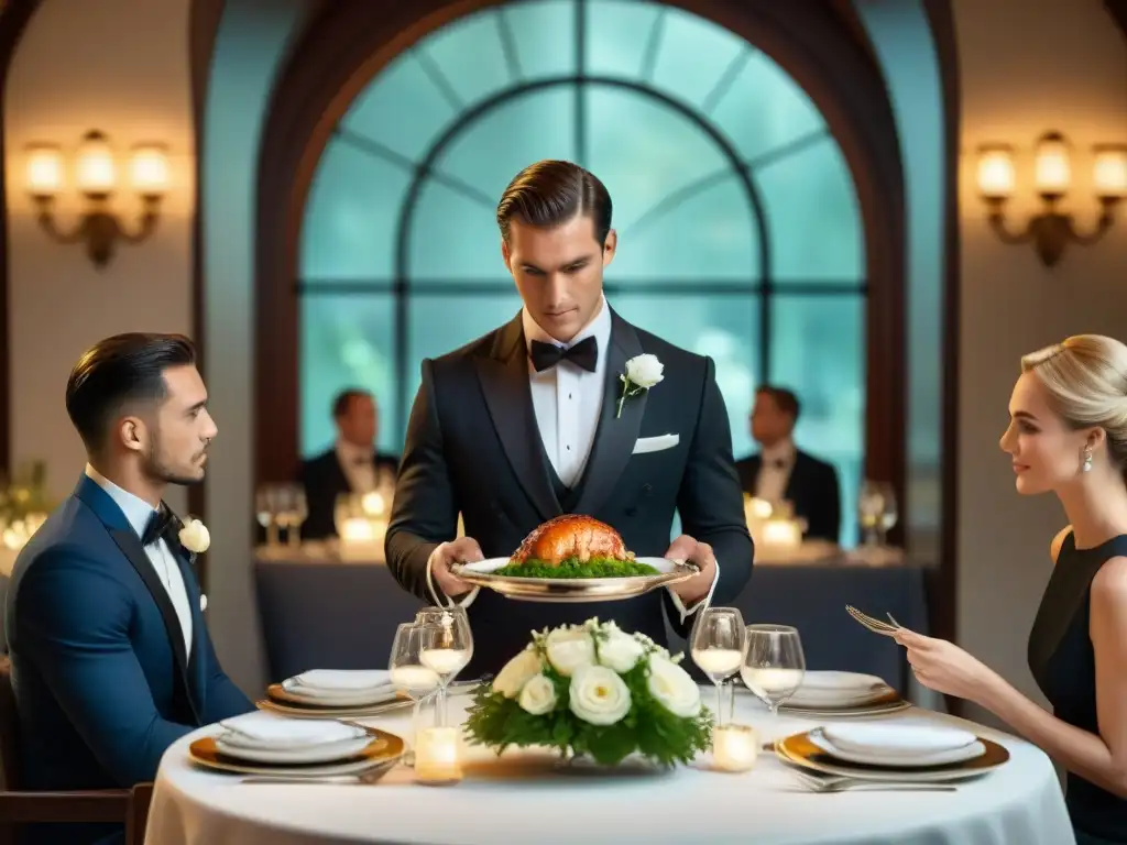 Un camarero presenta un exquisito plato en una escena elegante