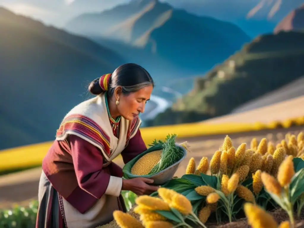 Una campesina andina cosechando quinua bajo el sol dorado de los campos de gran altitud, fusionando tradición y modernidad