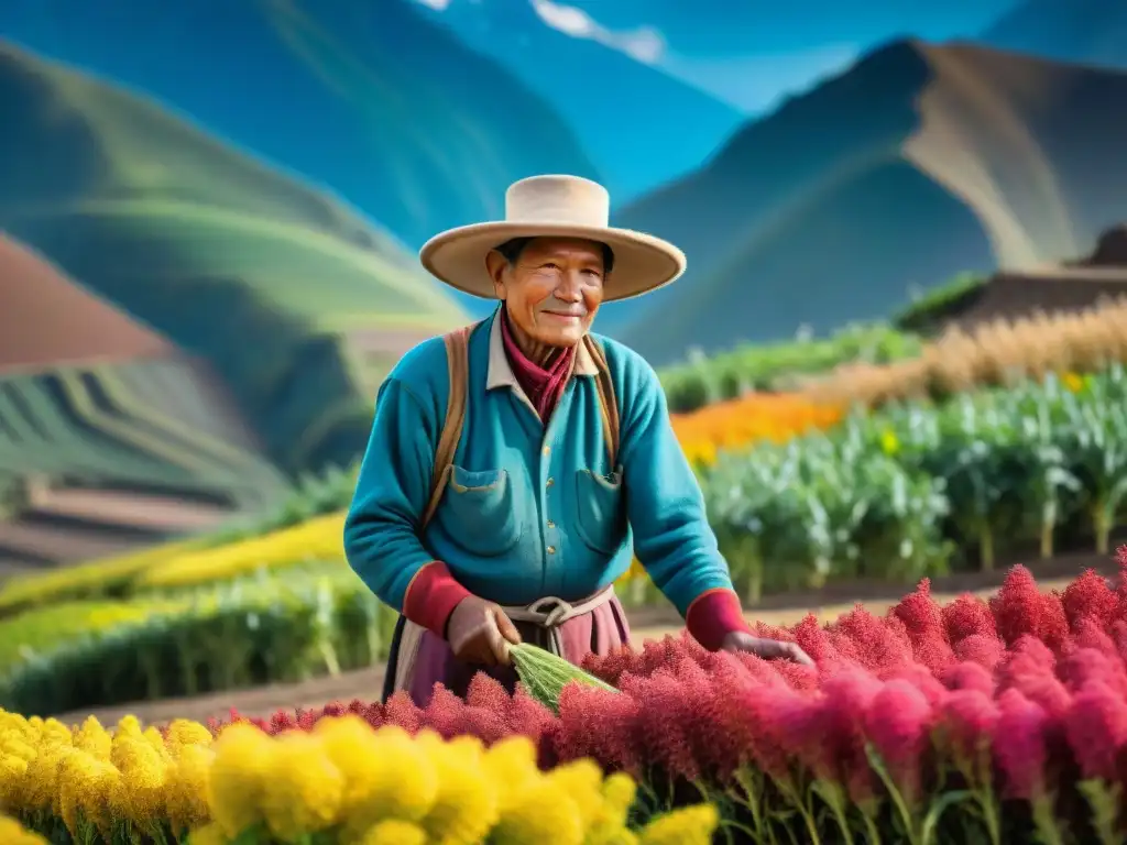 Un campesino andino cuida un campo de quinua con montañas nevadas al fondo, preservación ecosistemas Andinos gastronomía