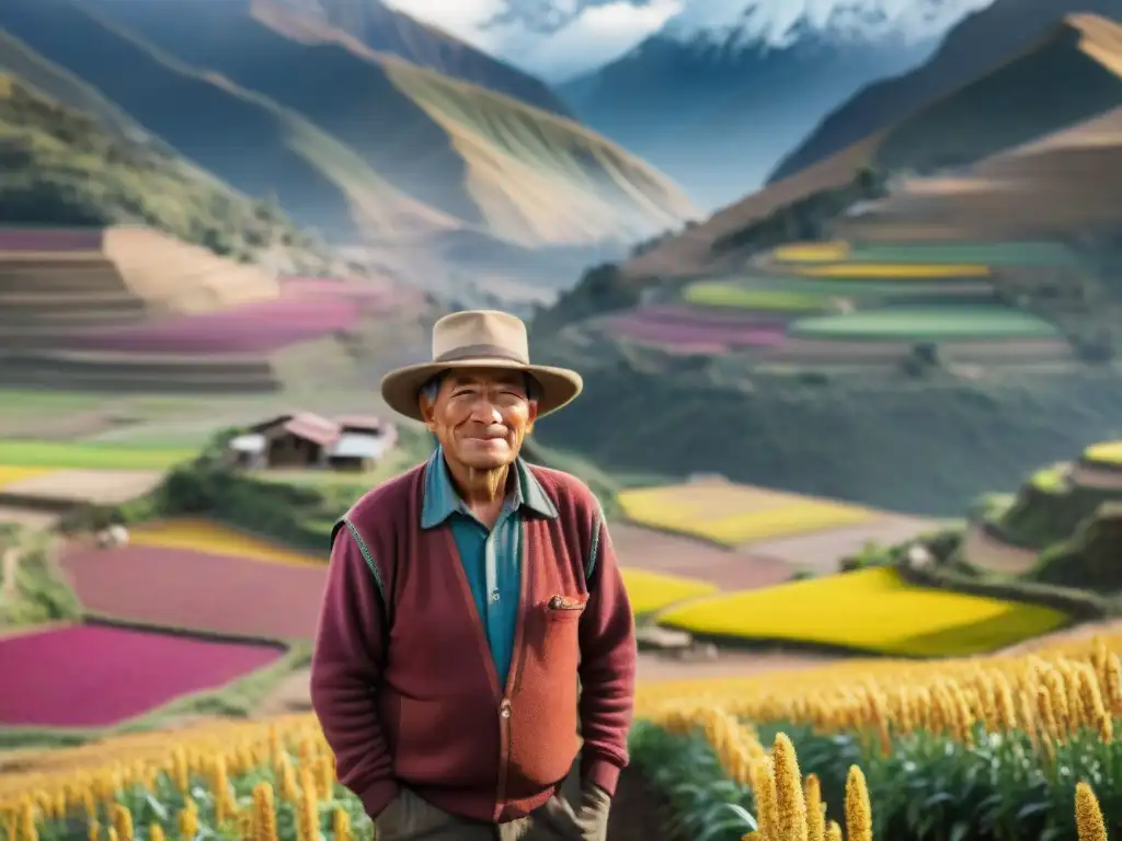 Campesino andino en campo de quinua y amaranto, integrando supergranos en prácticas sostenibles