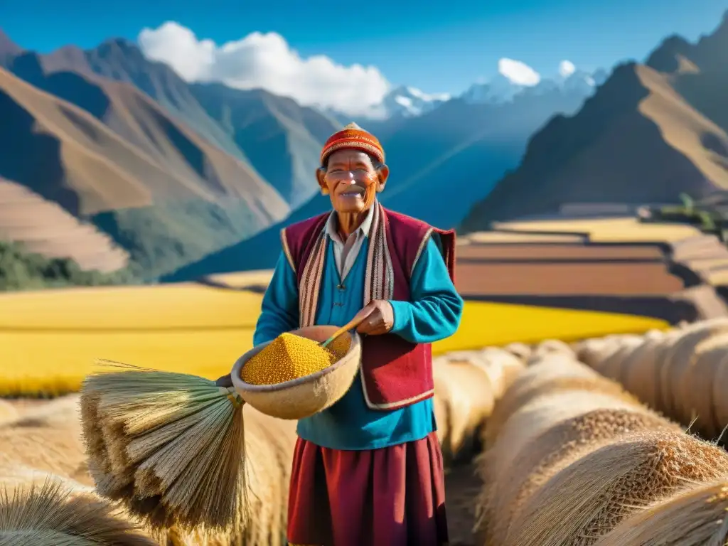 Un campesino andino cosechando kiwicha en Perú, conectado con la tierra y la tradición, resaltando los beneficios de la kiwicha peruana