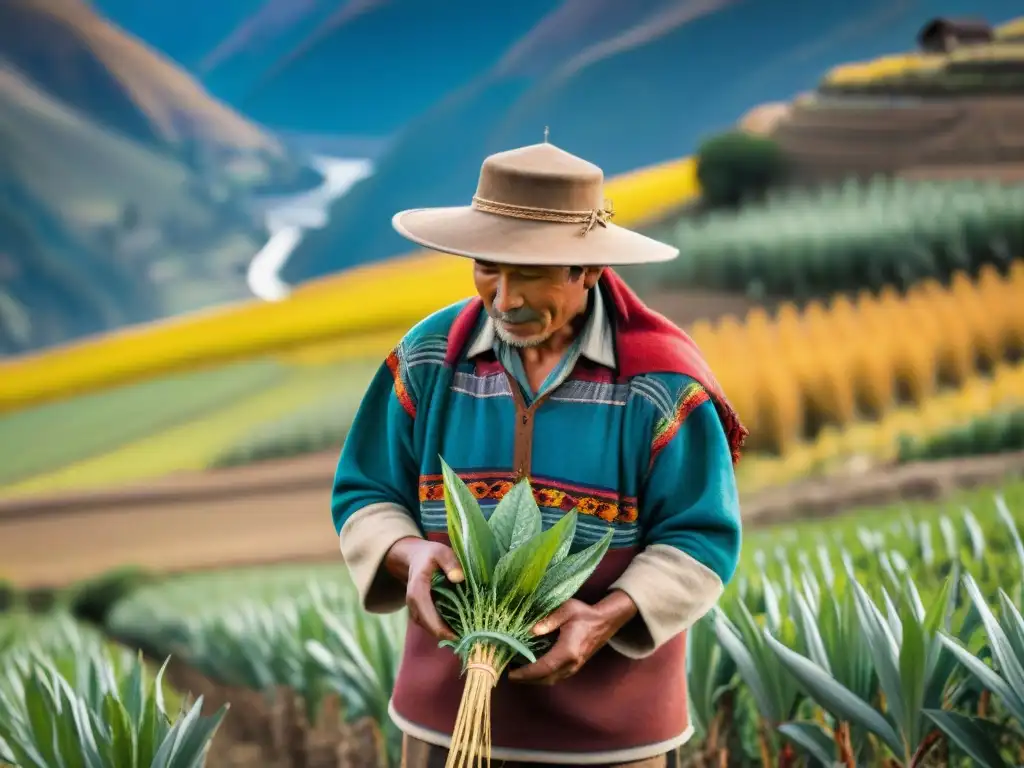 Campesino andino cosechando kiwicha en terrazas con montañas nevadas al fondo, transmitiendo sabiduría ancestral