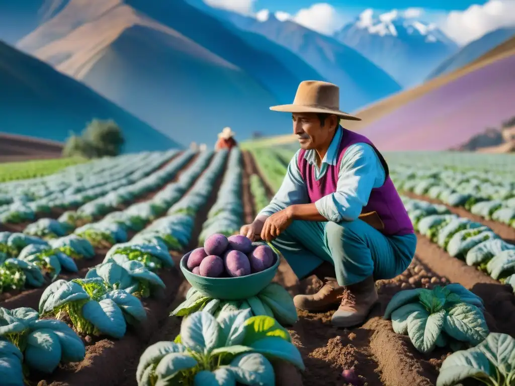 Un campesino andino cosechando papas moradas en un paisaje montañoso