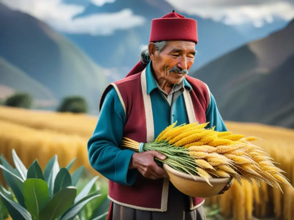 Campesino andino cosechando quinua dorada con cuidado, en los Andes, reflejando la tradición agrícola y la cocina moderna