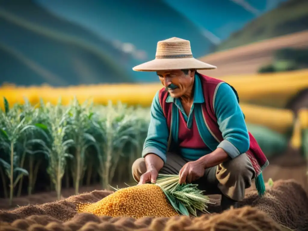 Campesino andino cosechando quinua bajo el sol en terrazas, destacando beneficios de la quinua sostenible