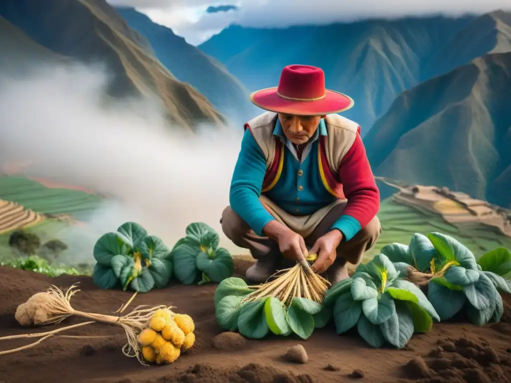 Campesino andino cosechando raíces de Maca en los Andes, preparación bebida energizante maca