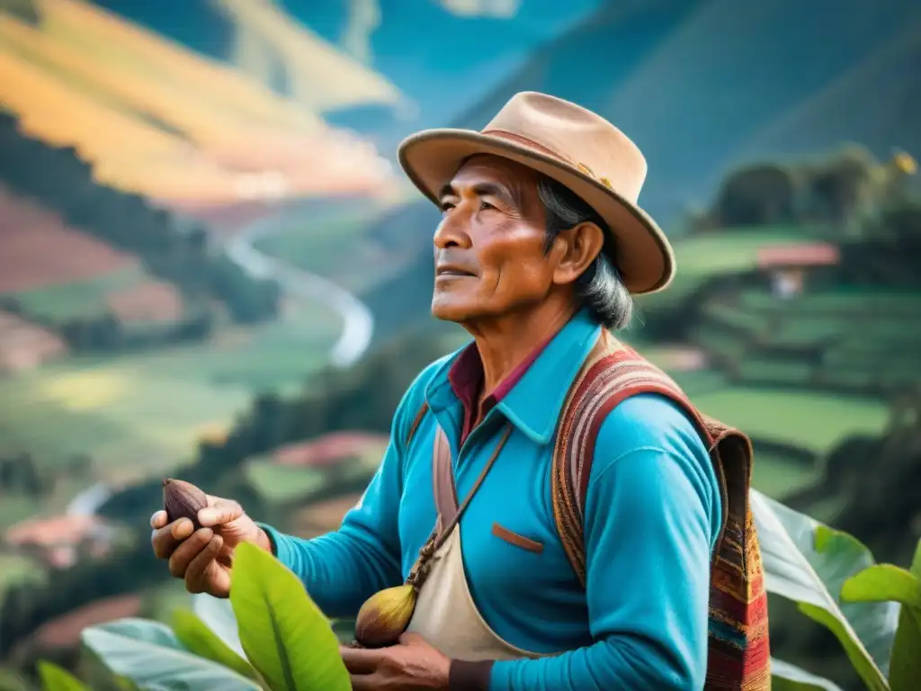 Un campesino de cacao en Cusco inspecciona meticulosamente las vainas maduras bajo el sol dorado