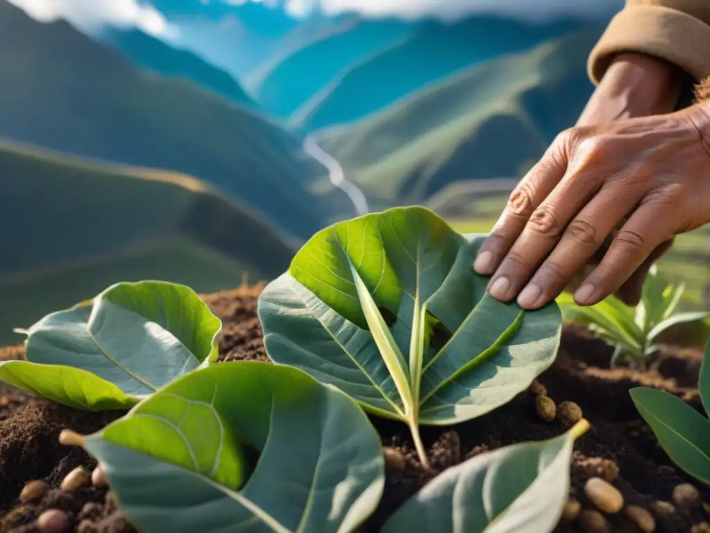 Un campesino cosecha con cuidado hojas de Muña frescas en los Andes, mostrando la belleza del proceso tradicional del té de muña beneficios Andes